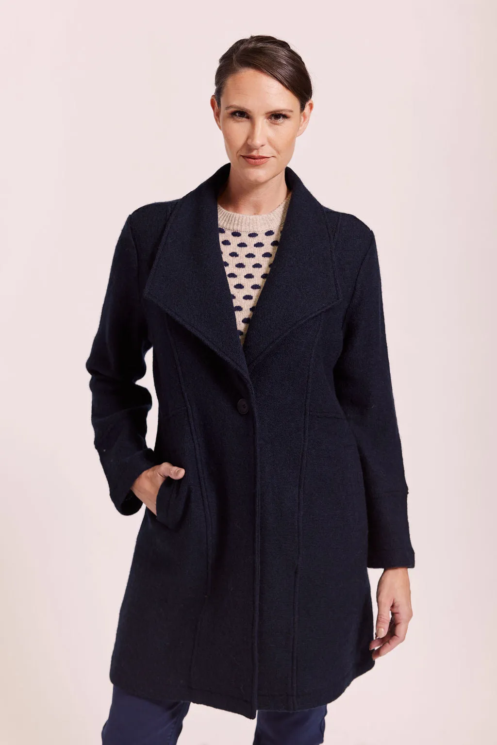 Boiled Wool Longline 1 Button Coat - Navy