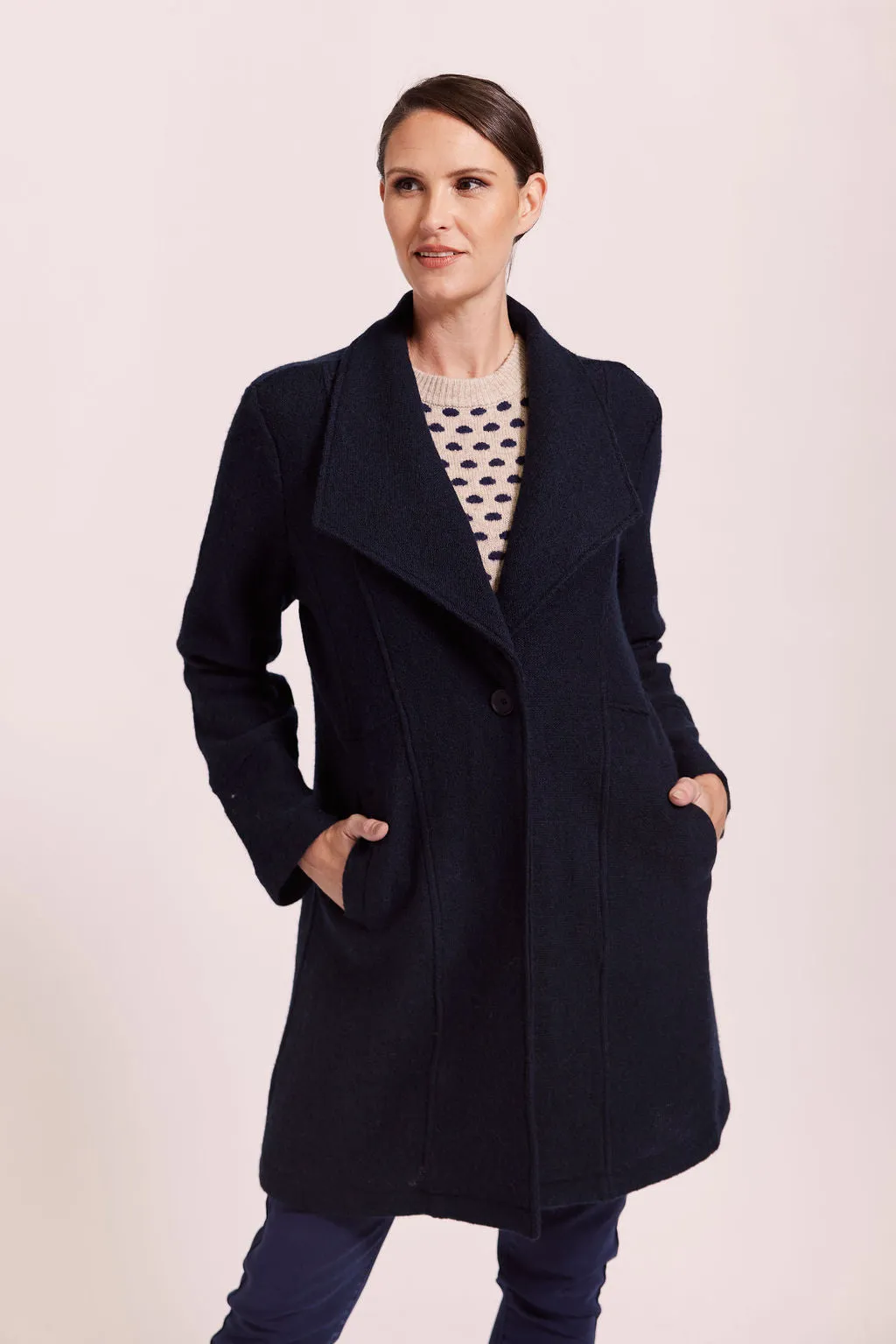 Boiled Wool Longline 1 Button Coat - Navy