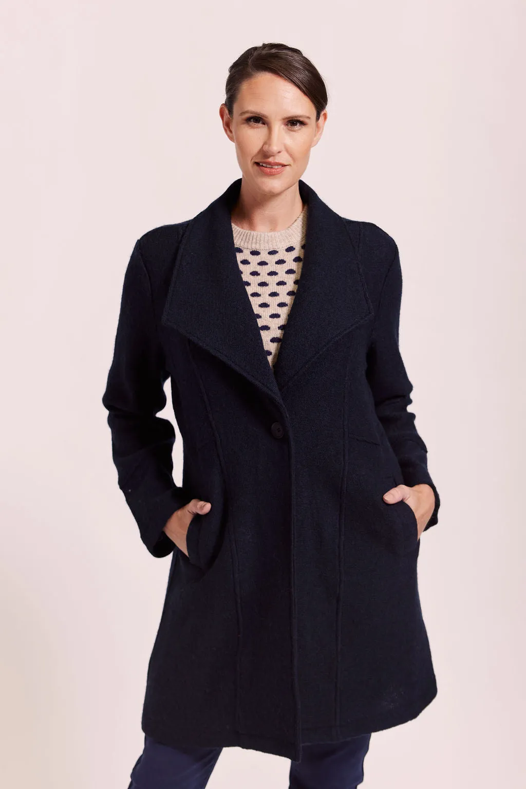 Boiled Wool Longline 1 Button Coat - Navy