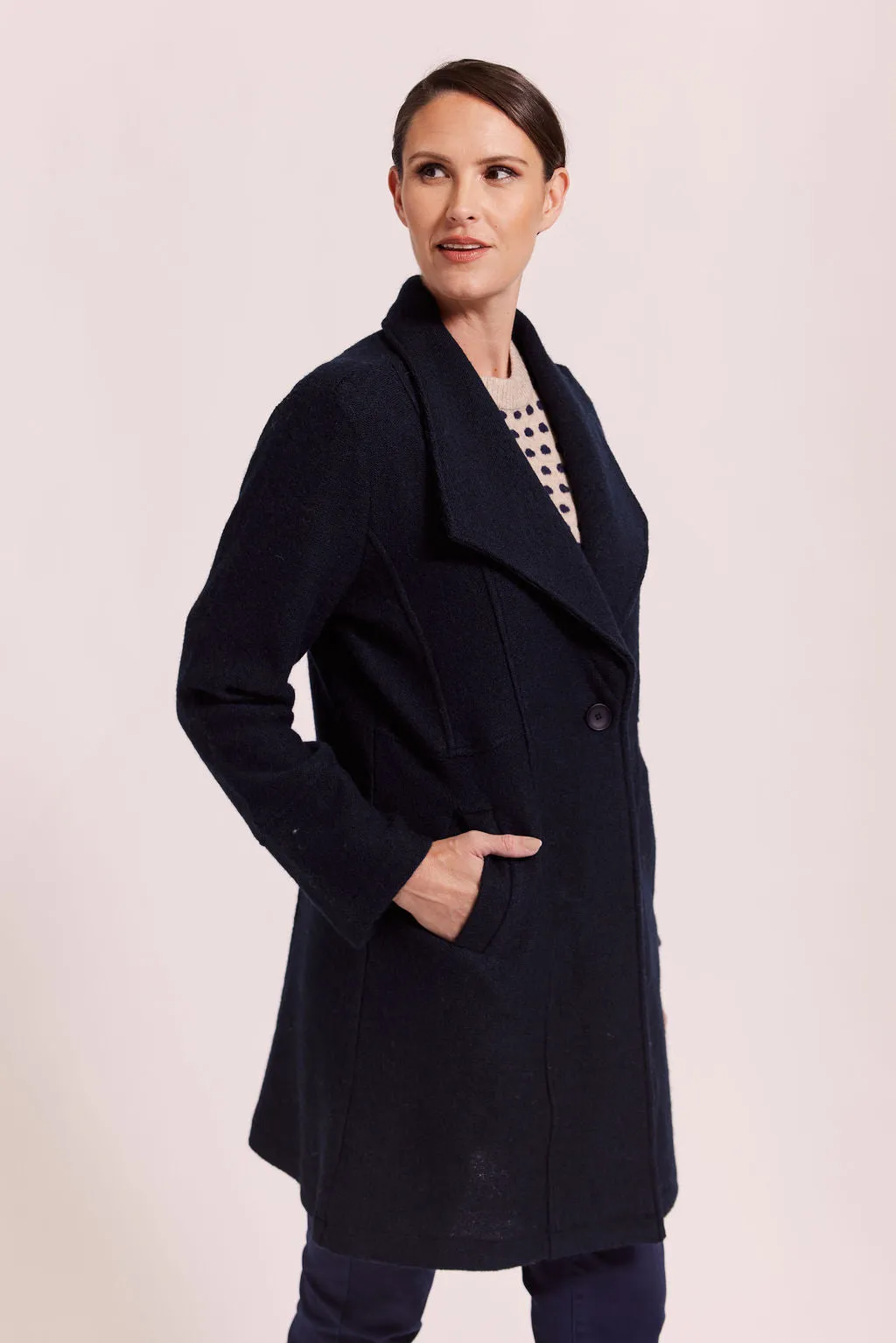 Boiled Wool Longline 1 Button Coat - Navy