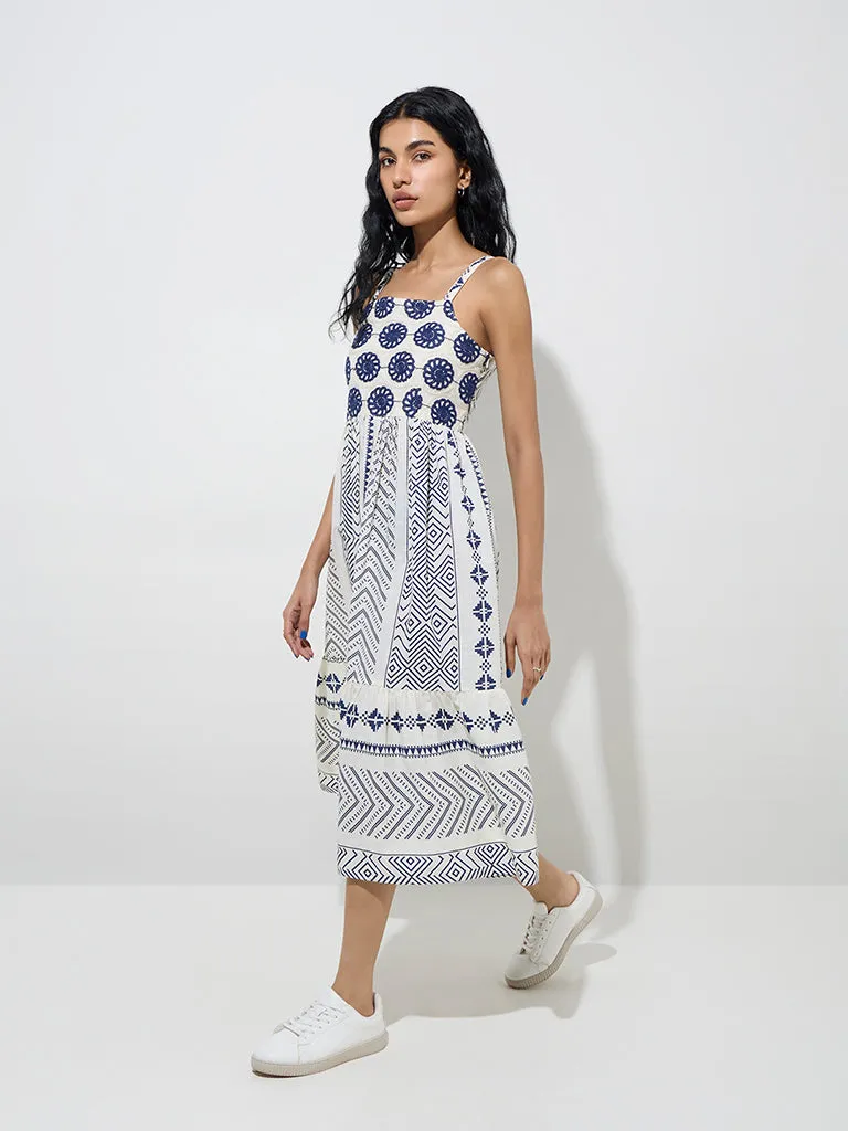Bombay Paisley Indigo Printed Cotton A-Line Dress