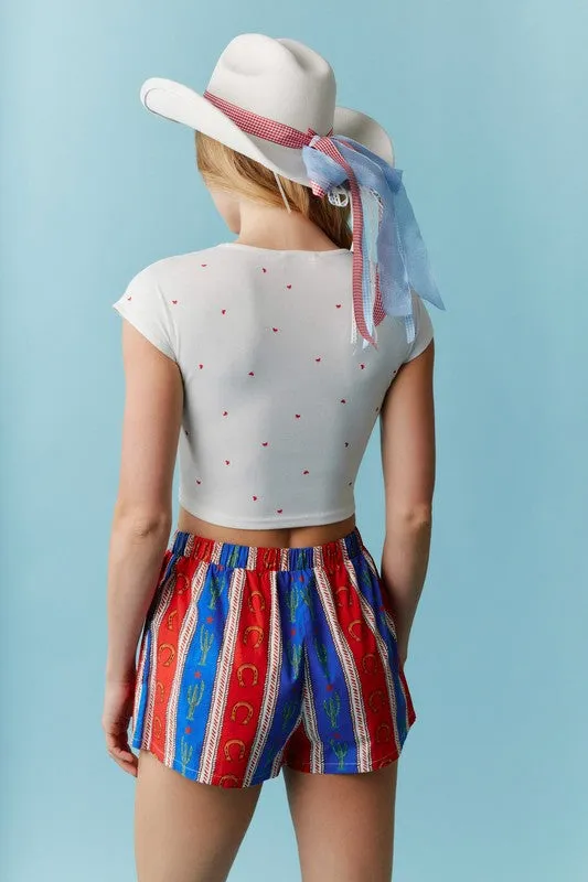 Bow Ditsy Printed Pointelle Rib Cropped Top