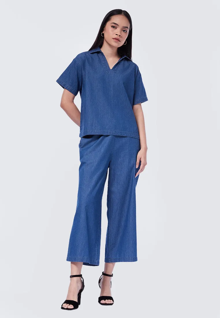 Boxy V-Neck Denim Blouse