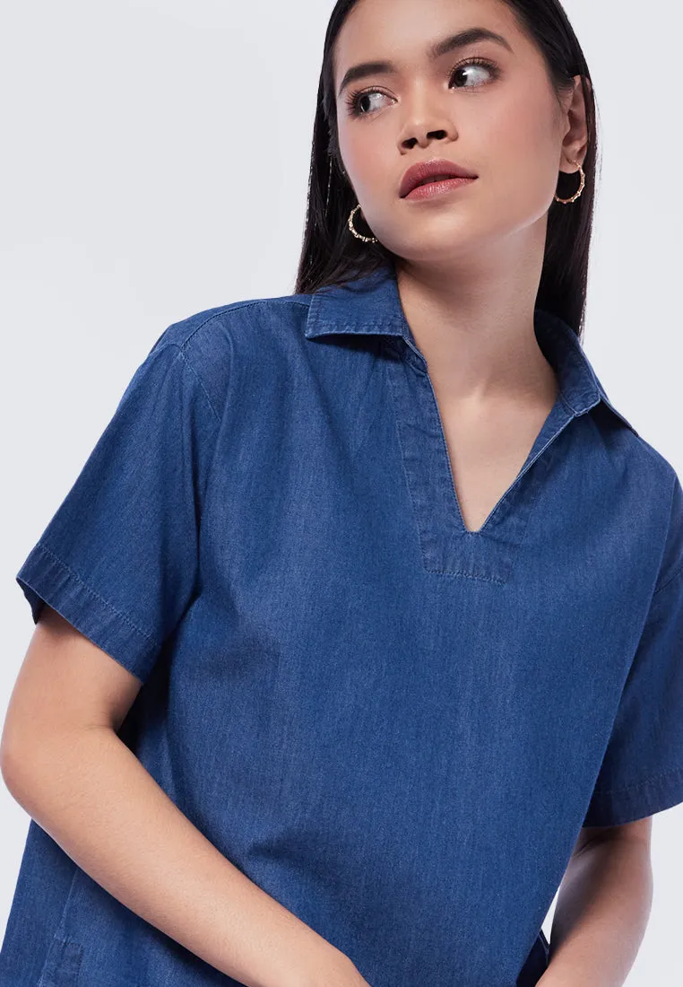 Boxy V-Neck Denim Blouse