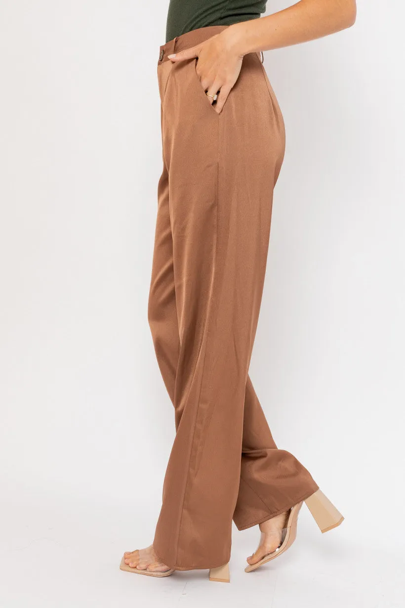 Brown Wide Leg Satin Pants