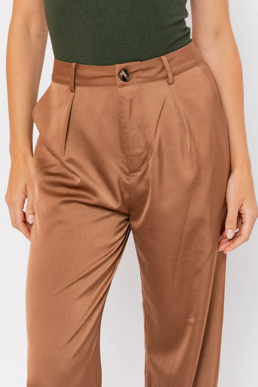 Brown Wide Leg Satin Pants