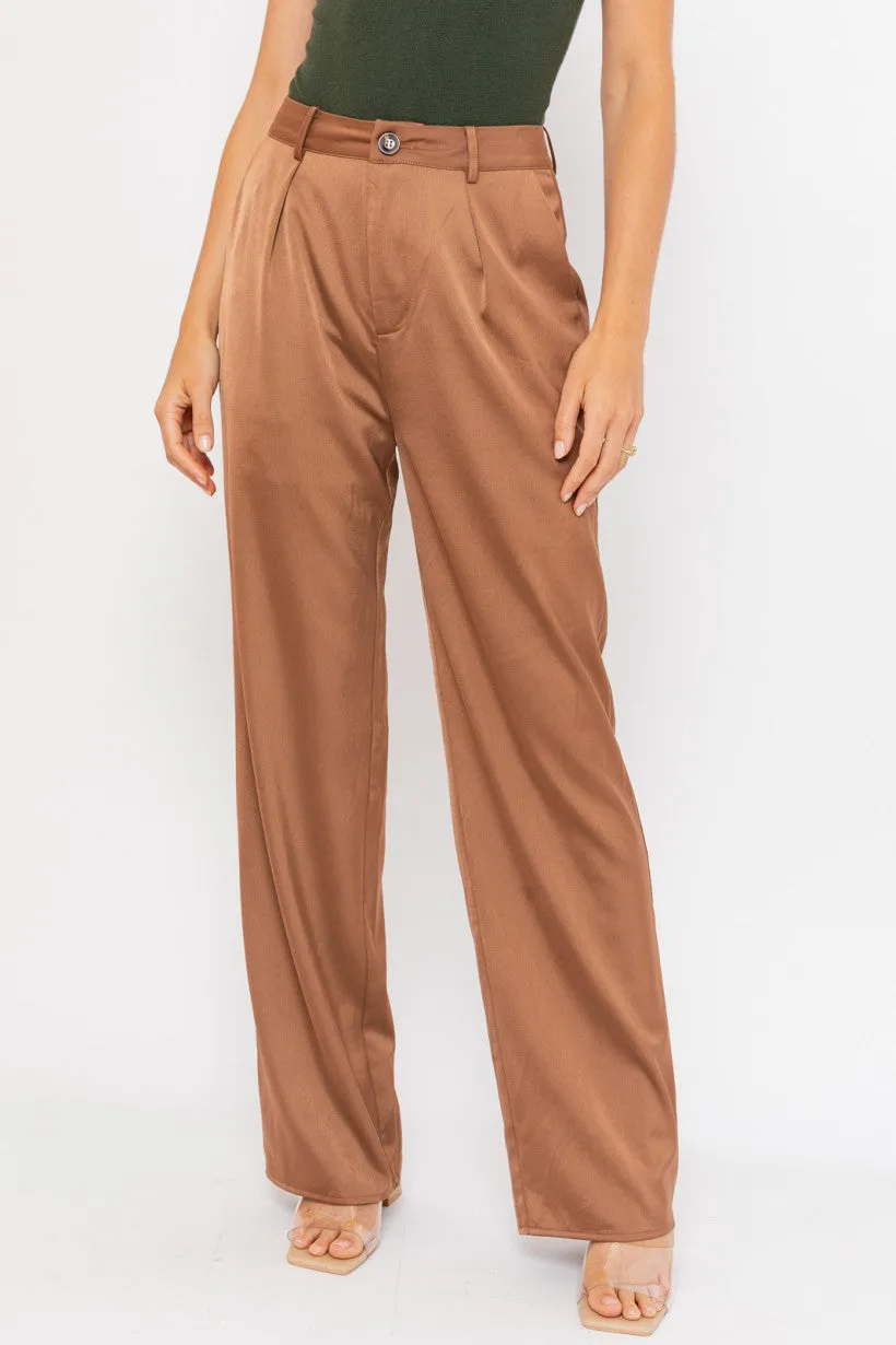 Brown Wide Leg Satin Pants