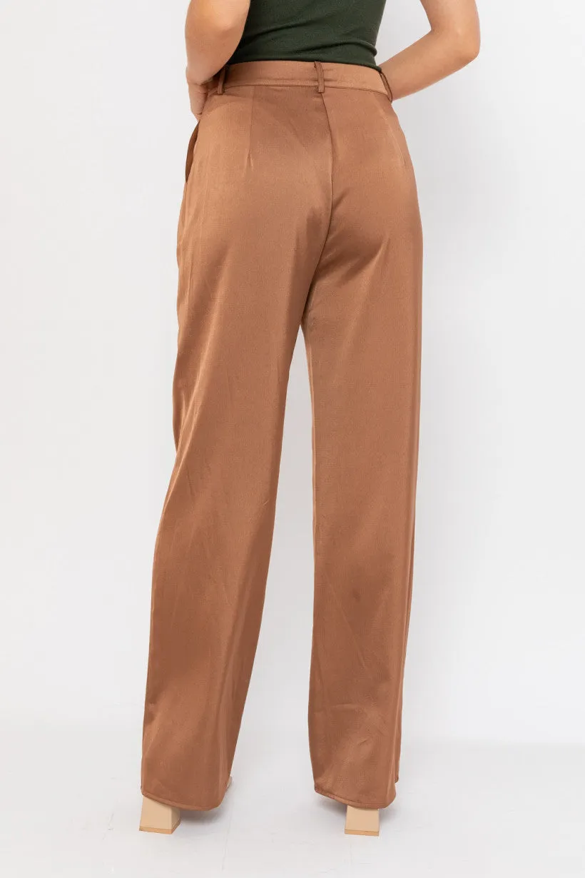 Brown Wide Leg Satin Pants
