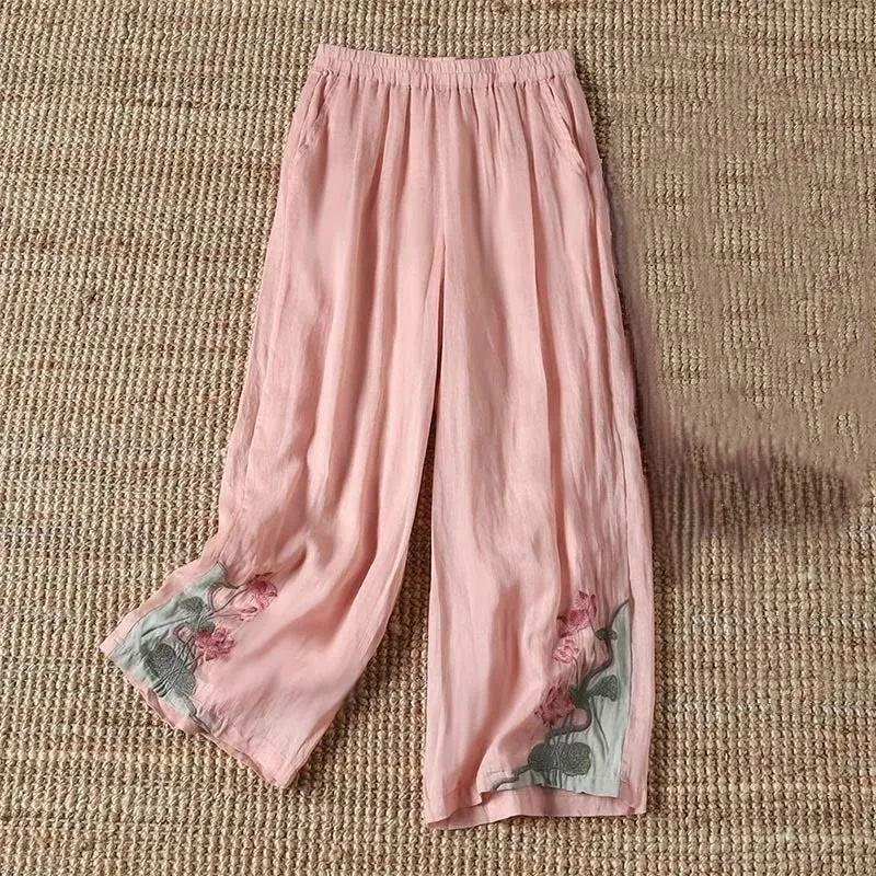 Buddha Stones Summer Embroidery Lotus Flower Lotus Leaf Pattern Women's Wide Leg Pants With Pockets