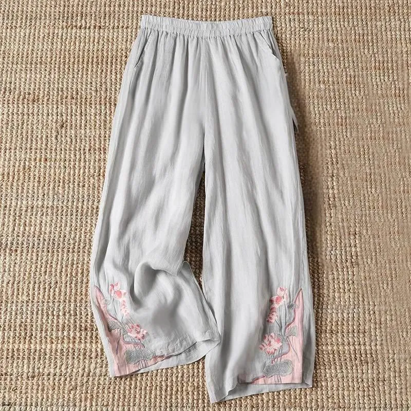 Buddha Stones Summer Embroidery Lotus Flower Lotus Leaf Pattern Women's Wide Leg Pants With Pockets