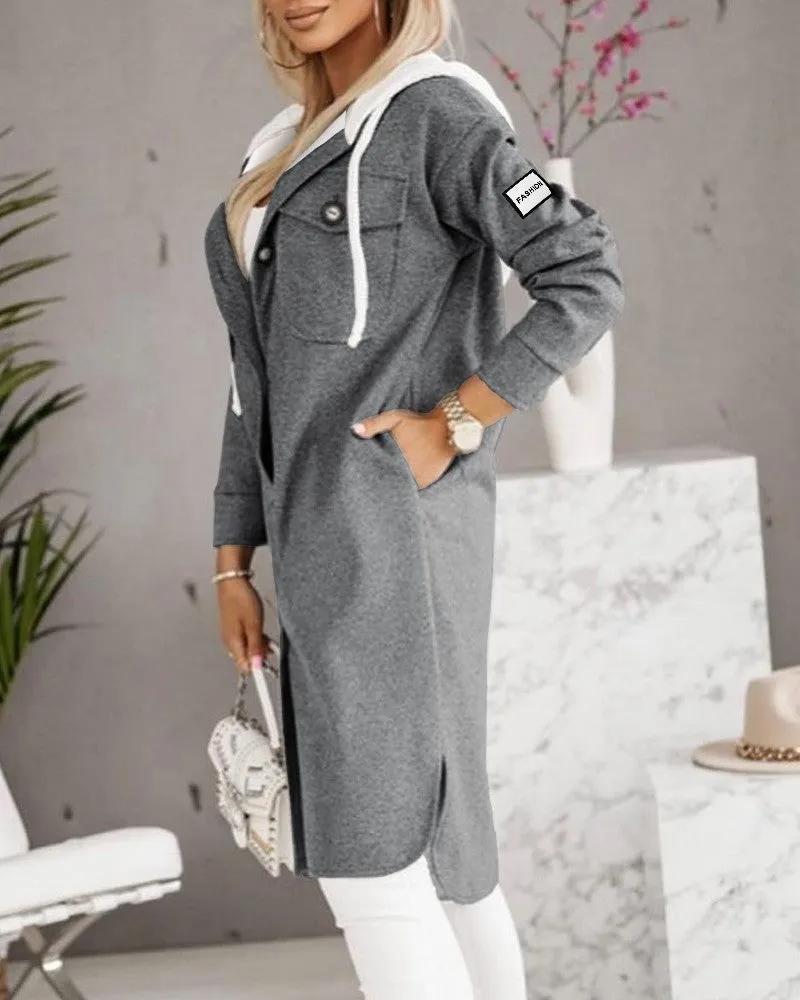 Buttoned Pocket Design Longline Hooded Coat