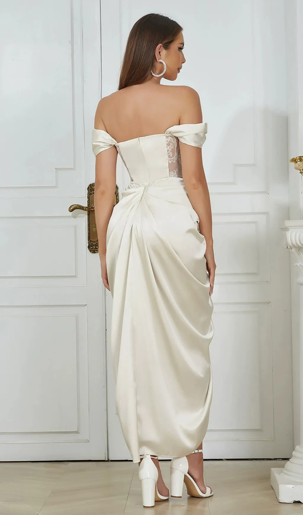 CAMILLE WHITE SATIN CORSET OFF SHOULDER GOWN