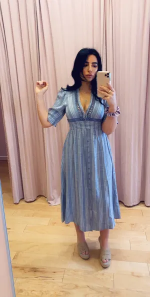 Chambray V Neck Short Sleeve A Line Macrame Button Midi Dress