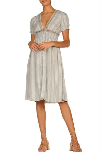Chambray V Neck Short Sleeve A Line Macrame Button Midi Dress