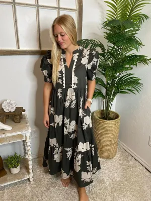 Charcoal Floral Midi Dress with Scallop Detail