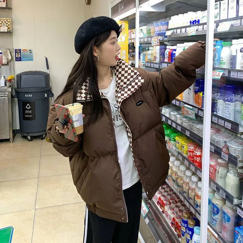 Checkered Collar Zip Up Padded Jacket