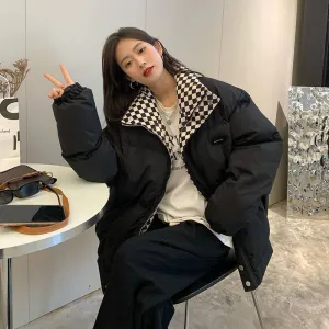 Checkered Collar Zip Up Padded Jacket
