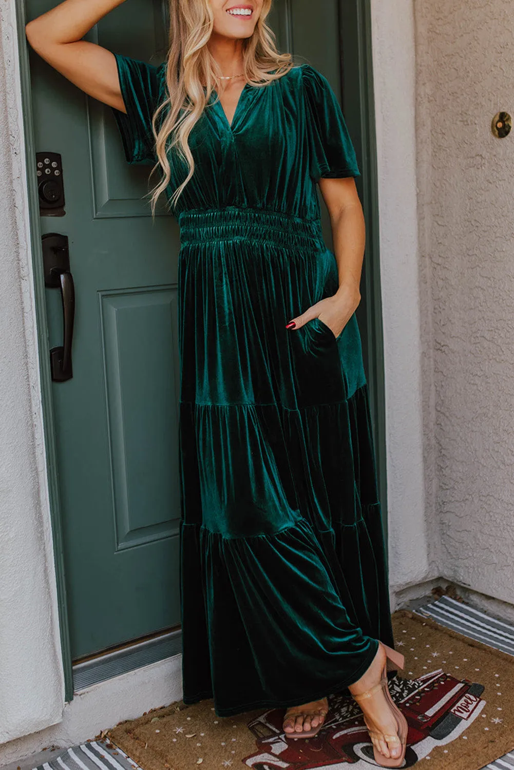 Chestnut Velvet Short Sleeve Shirred Waist Tiered Maxi Dress