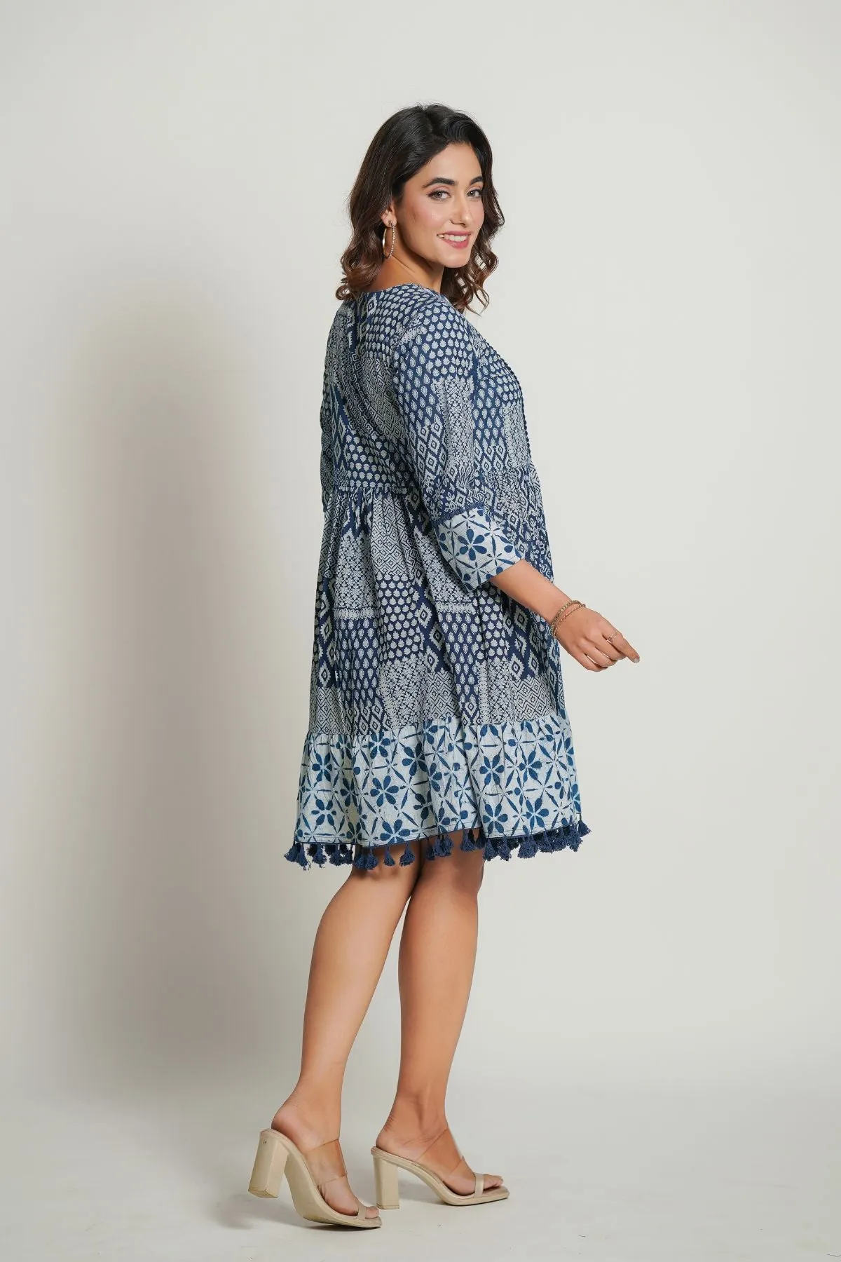 Chic Blue Cotton Printed Midi Dress