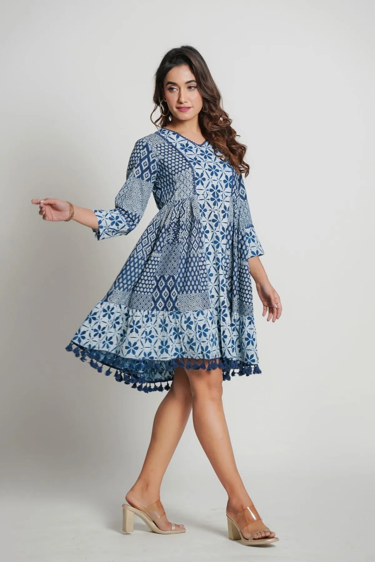 Chic Blue Cotton Printed Midi Dress