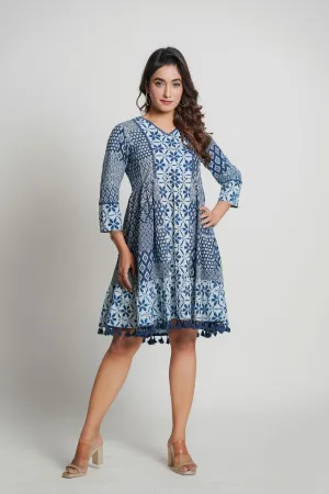 Chic Blue Cotton Printed Midi Dress