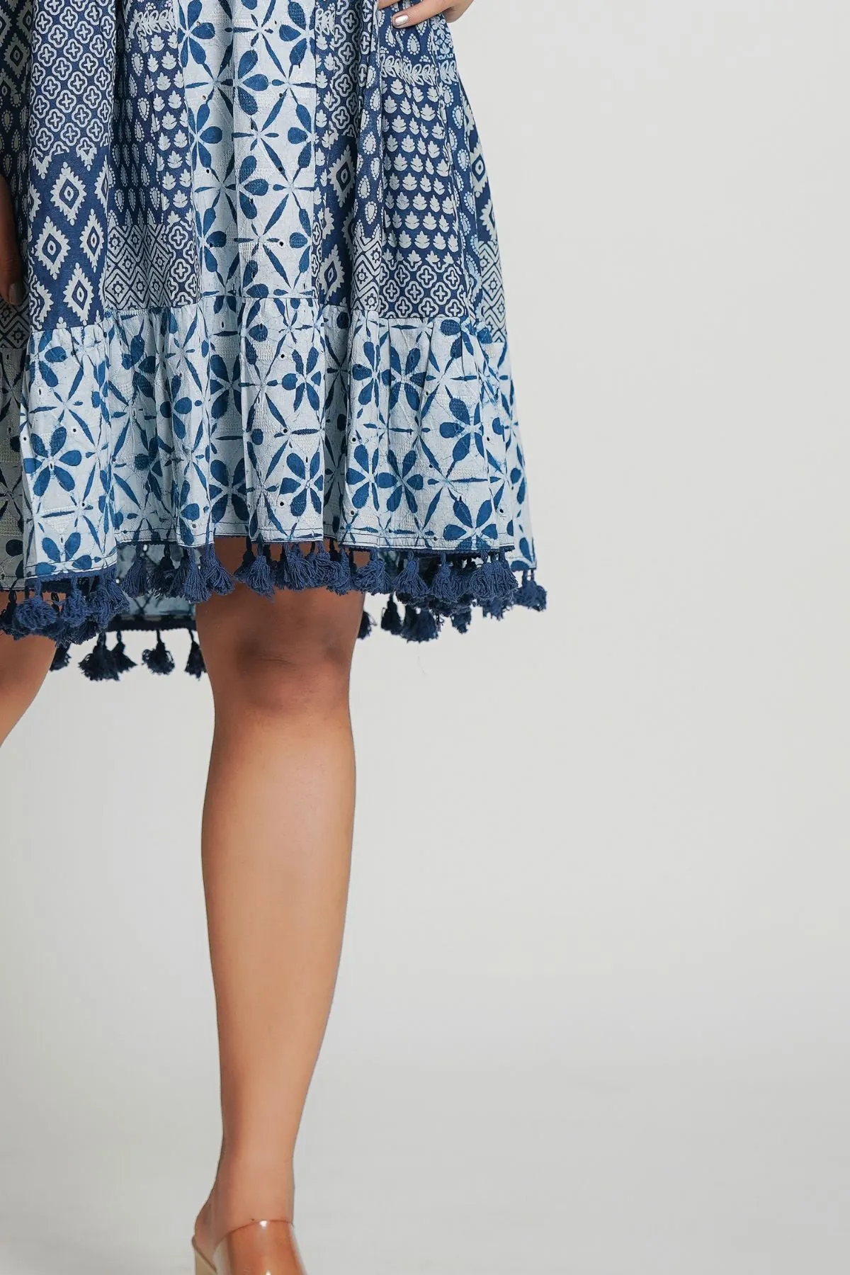 Chic Blue Cotton Printed Midi Dress