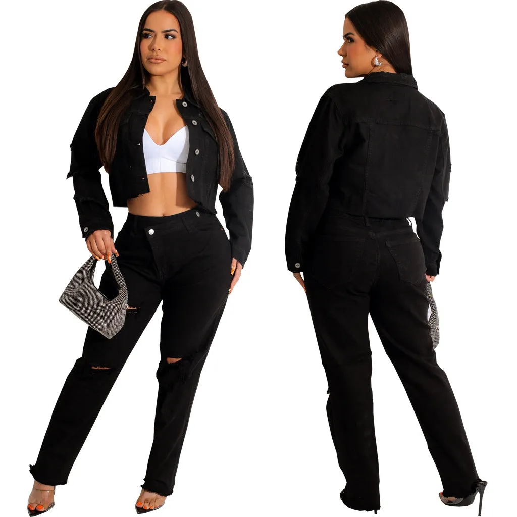 Chic Cropped Black Denim Jacket with Long Sleeves