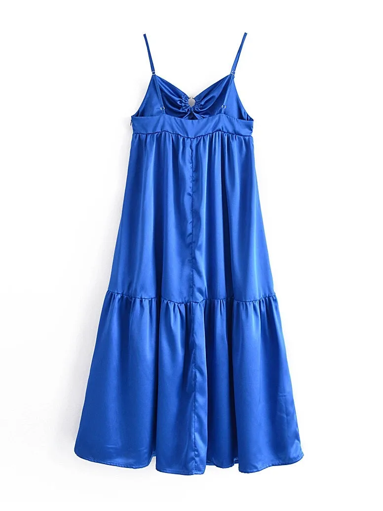 CM-D081632 Women Casual Seoul Style Spaghetti Strap Backless Ruffles Sleeveless Midi Dress