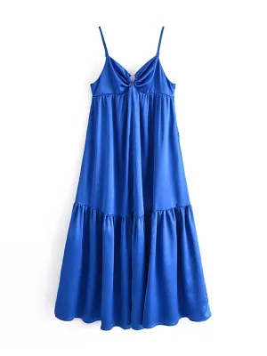 CM-D081632 Women Casual Seoul Style Spaghetti Strap Backless Ruffles Sleeveless Midi Dress