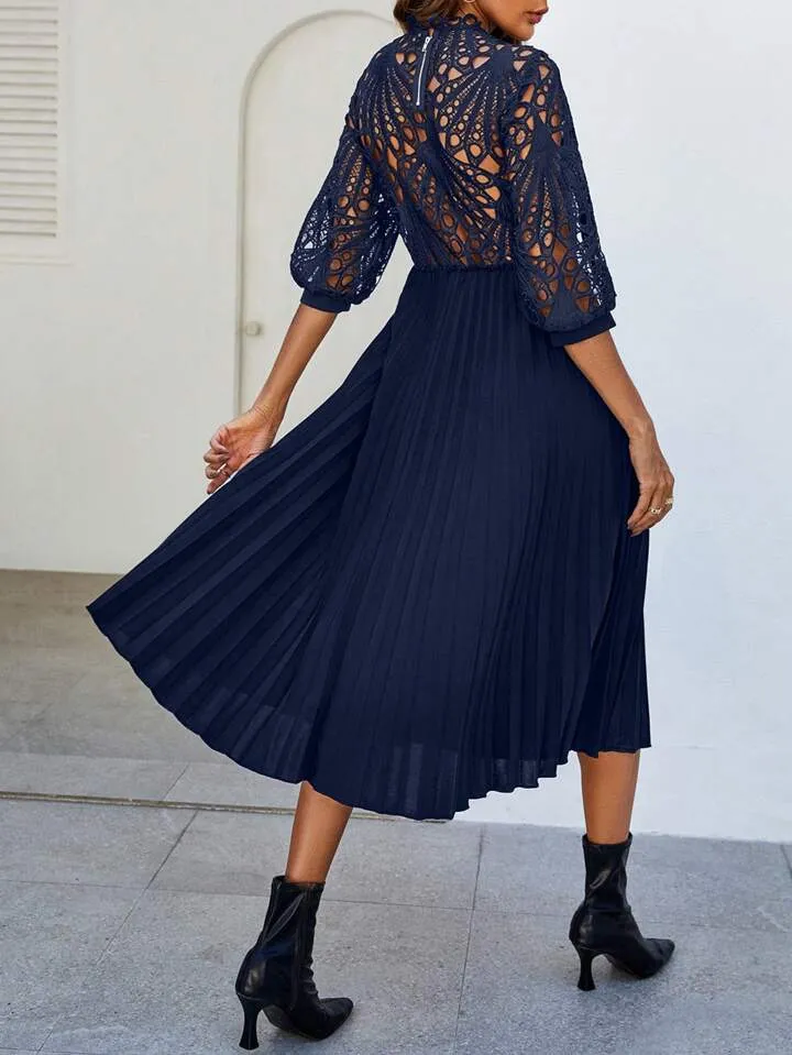 CM-DS034476 Women Trendy Bohemian Style Patchwork Corded Lace Pleated Hem Dress - Navy Blue