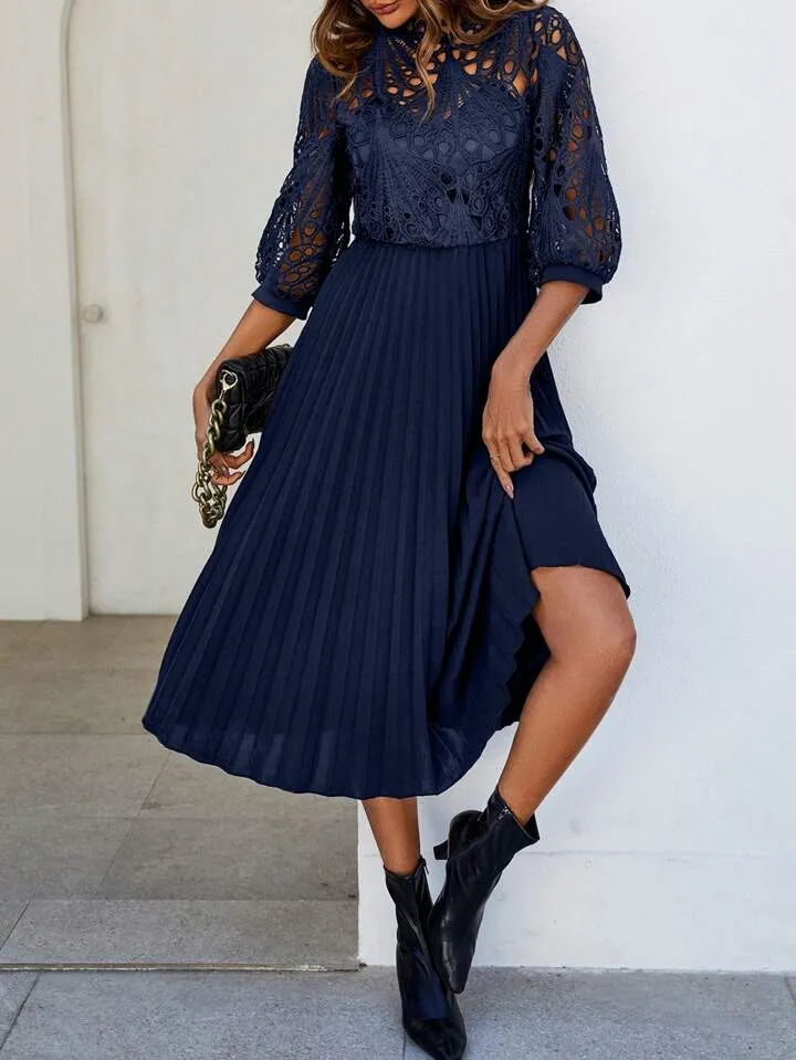 CM-DS034476 Women Trendy Bohemian Style Patchwork Corded Lace Pleated Hem Dress - Navy Blue