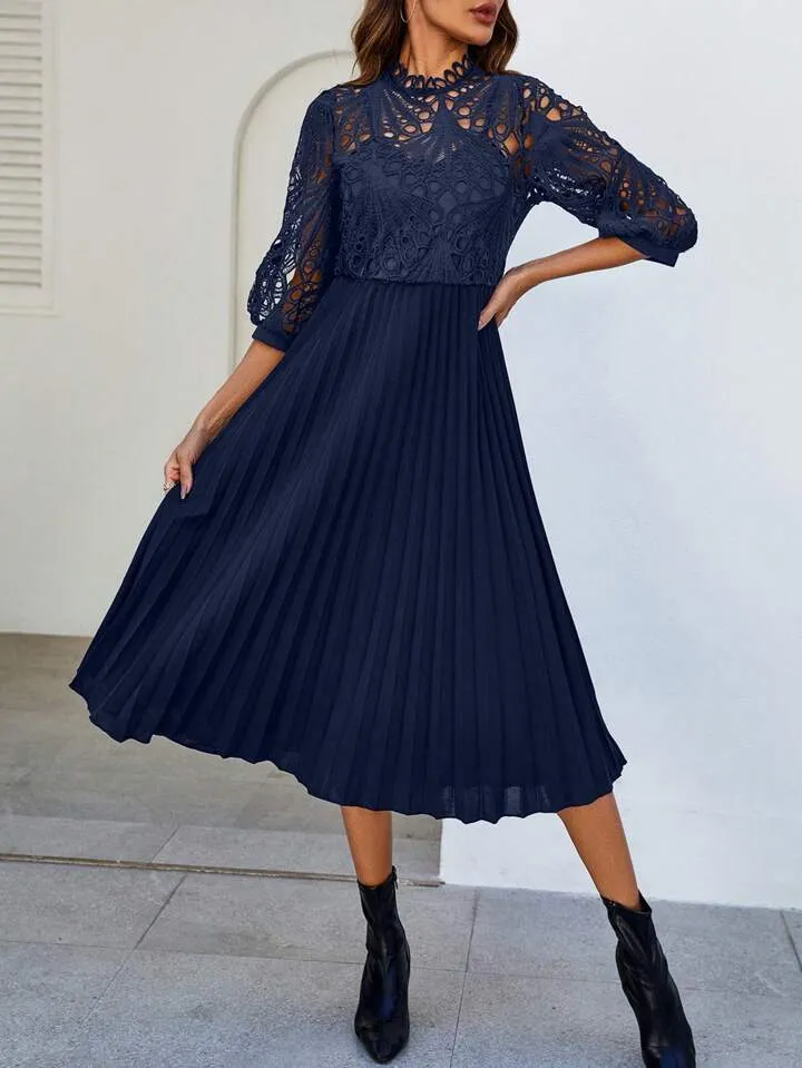 CM-DS034476 Women Trendy Bohemian Style Patchwork Corded Lace Pleated Hem Dress - Navy Blue