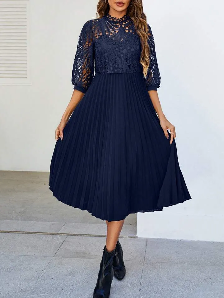 CM-DS034476 Women Trendy Bohemian Style Patchwork Corded Lace Pleated Hem Dress - Navy Blue