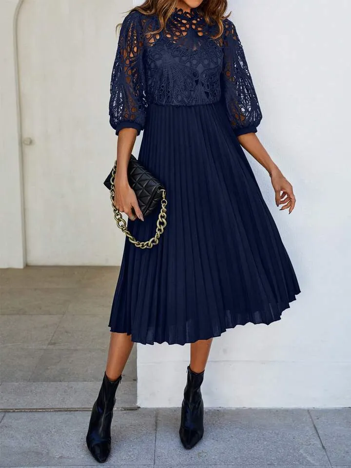 CM-DS034476 Women Trendy Bohemian Style Patchwork Corded Lace Pleated Hem Dress - Navy Blue
