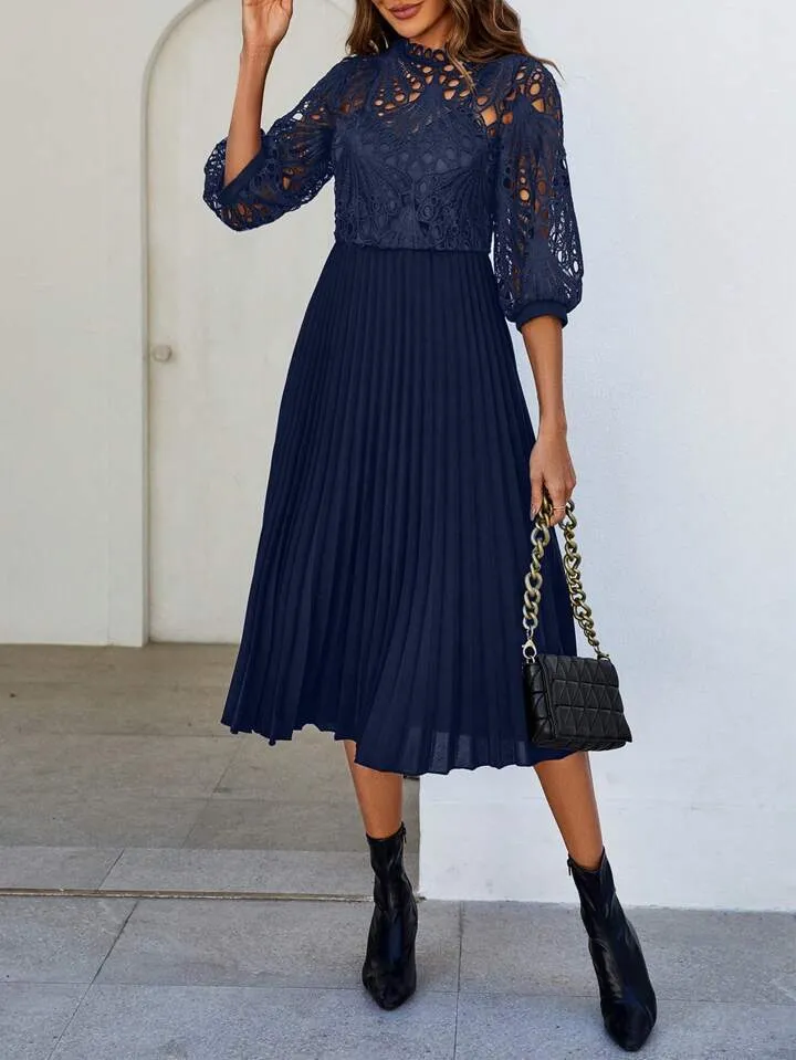 CM-DS034476 Women Trendy Bohemian Style Patchwork Corded Lace Pleated Hem Dress - Navy Blue