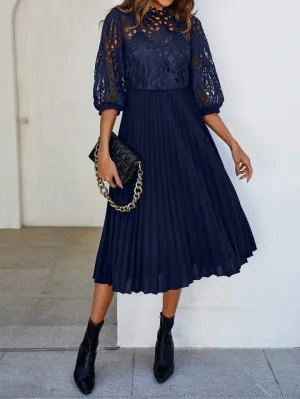 CM-DS034476 Women Trendy Bohemian Style Patchwork Corded Lace Pleated Hem Dress - Navy Blue