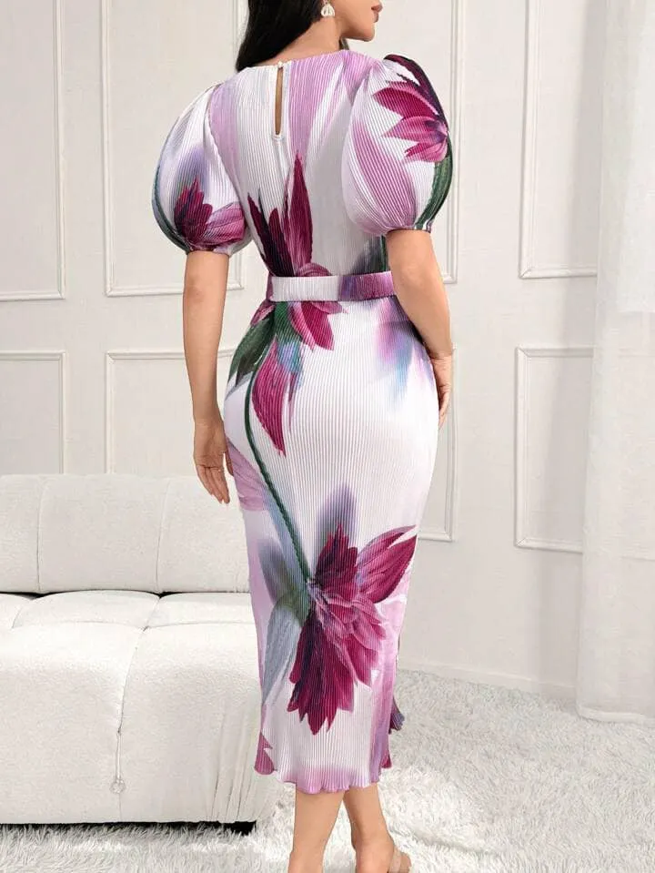 CM-DS037360 Women Elegant Seoul Style Floral Printed Round Neck Puff Sleeve Midi Dress