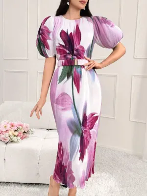 CM-DS037360 Women Elegant Seoul Style Floral Printed Round Neck Puff Sleeve Midi Dress