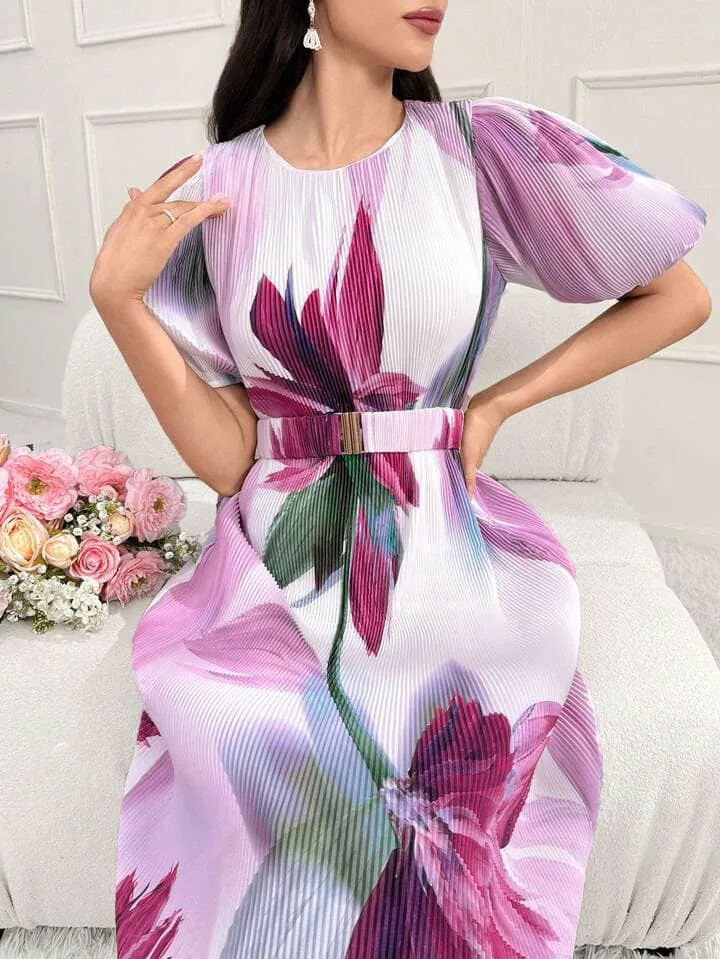 CM-DS037360 Women Elegant Seoul Style Floral Printed Round Neck Puff Sleeve Midi Dress