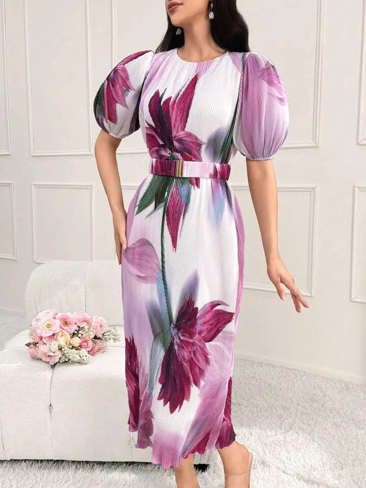 CM-DS037360 Women Elegant Seoul Style Floral Printed Round Neck Puff Sleeve Midi Dress