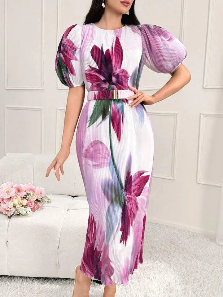 CM-DS037360 Women Elegant Seoul Style Floral Printed Round Neck Puff Sleeve Midi Dress
