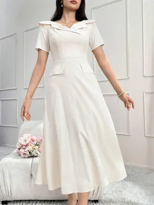 CM-DS118141 Women Elegant Seoul Style Solid Flap Detail Collar Neckline Short Sleeve Midi Dress - Apricot