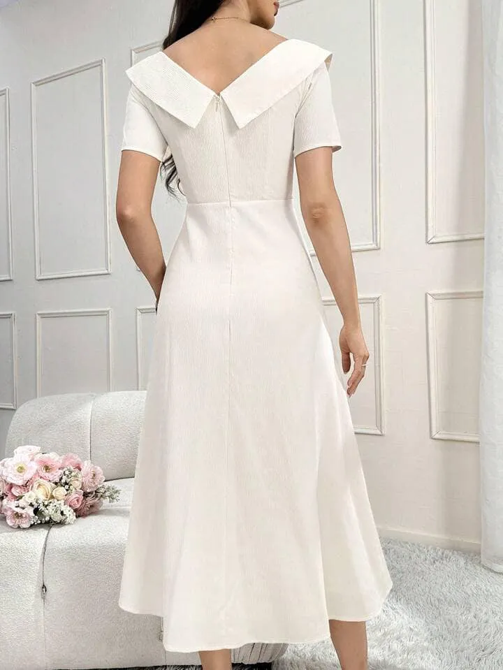 CM-DS118141 Women Elegant Seoul Style Solid Flap Detail Collar Neckline Short Sleeve Midi Dress - Apricot