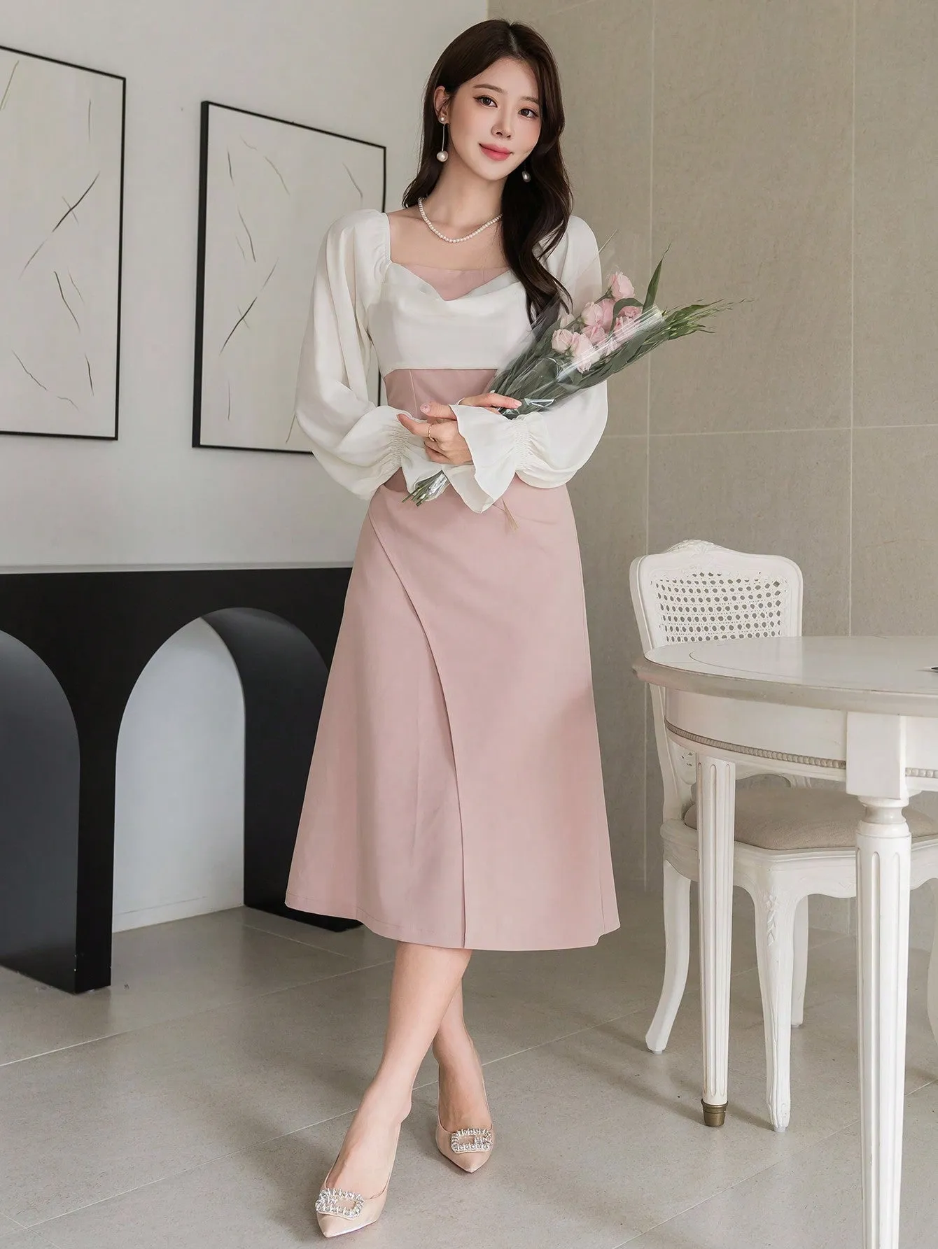 CM-DS122899 Women Elegant Seoul Style Square Neck Patchwork Ruched Asymmetric Midi Dress