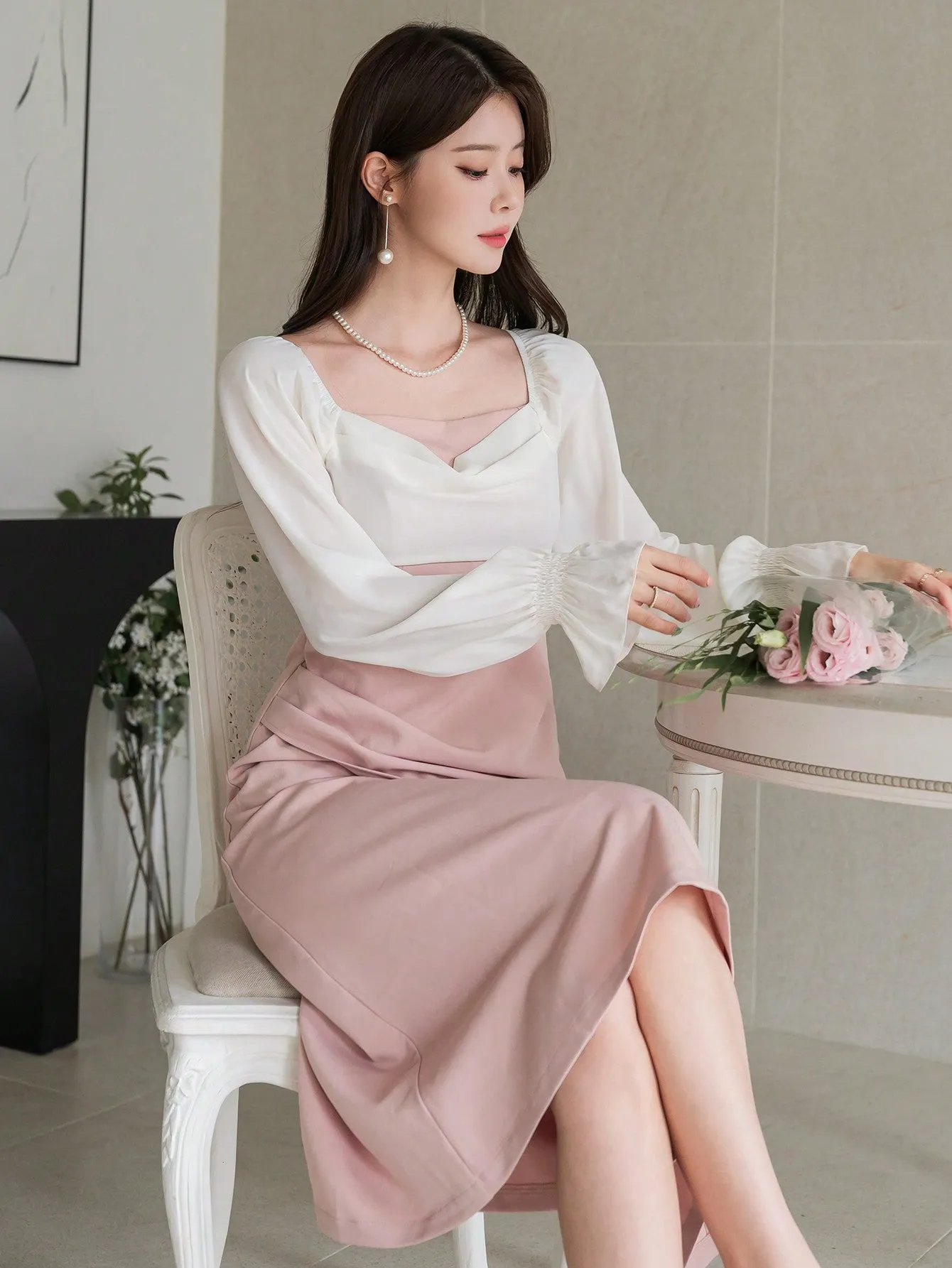 CM-DS122899 Women Elegant Seoul Style Square Neck Patchwork Ruched Asymmetric Midi Dress