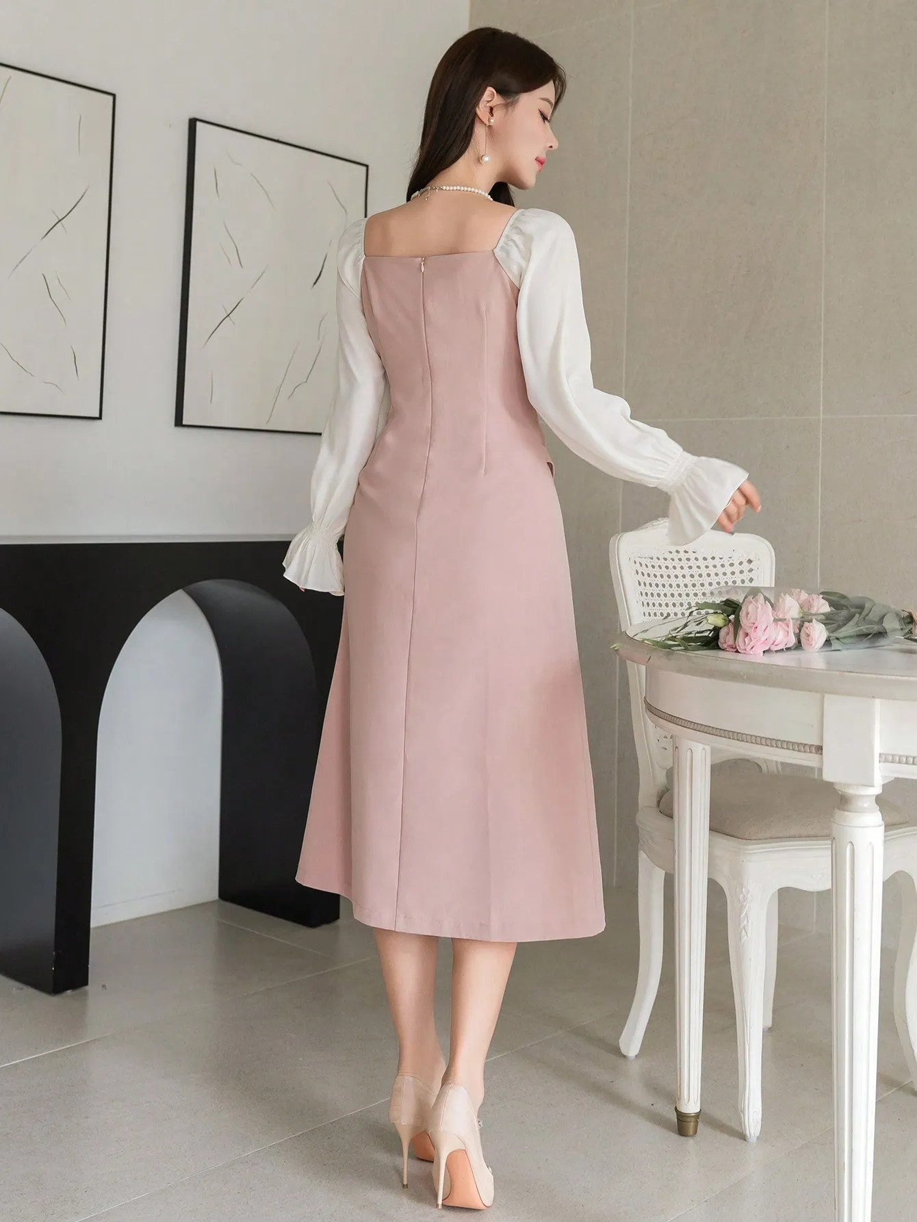 CM-DS122899 Women Elegant Seoul Style Square Neck Patchwork Ruched Asymmetric Midi Dress