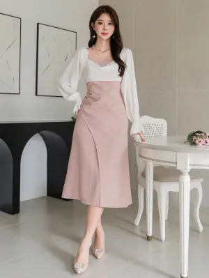 CM-DS122899 Women Elegant Seoul Style Square Neck Patchwork Ruched Asymmetric Midi Dress