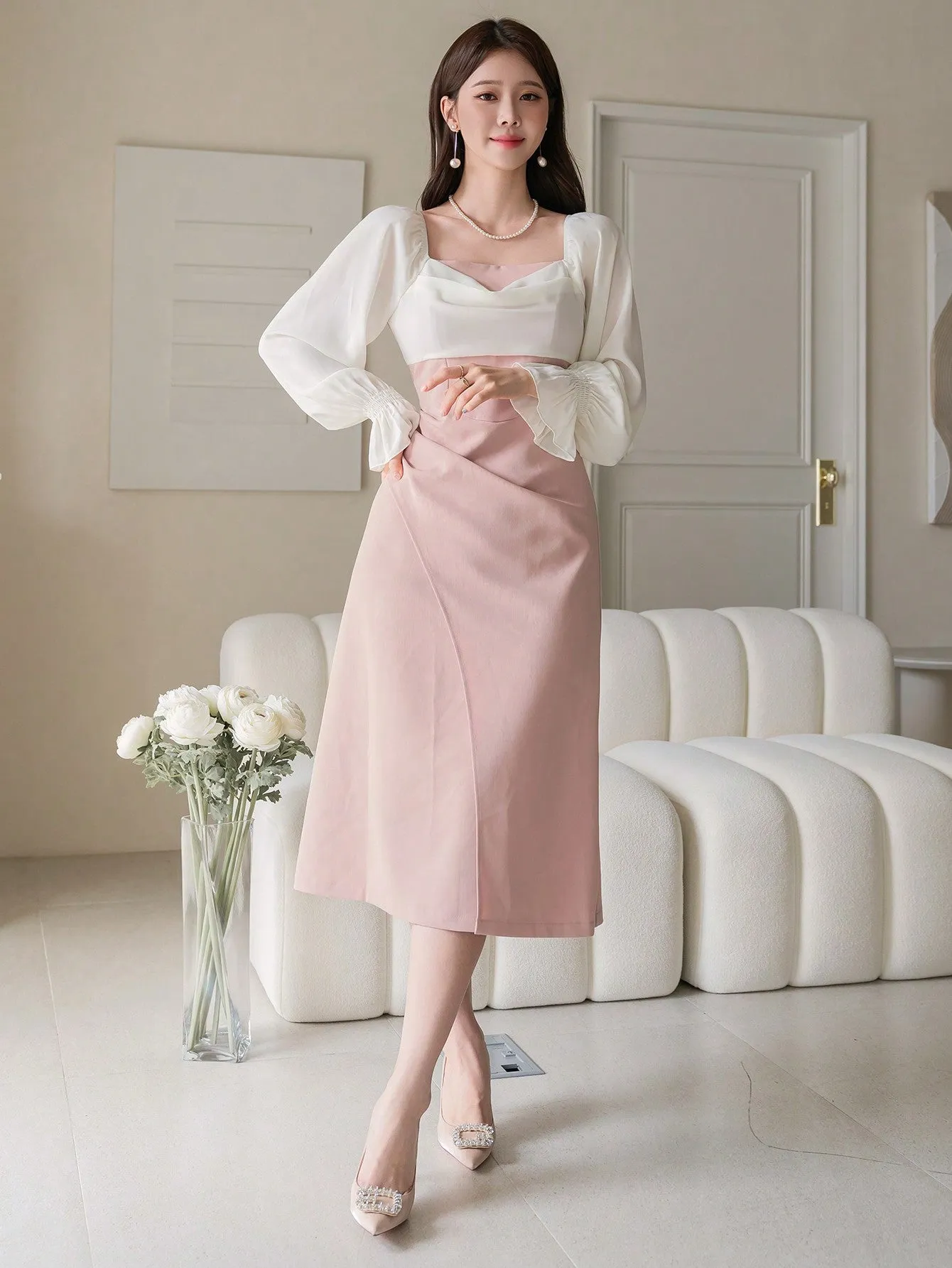CM-DS122899 Women Elegant Seoul Style Square Neck Patchwork Ruched Asymmetric Midi Dress