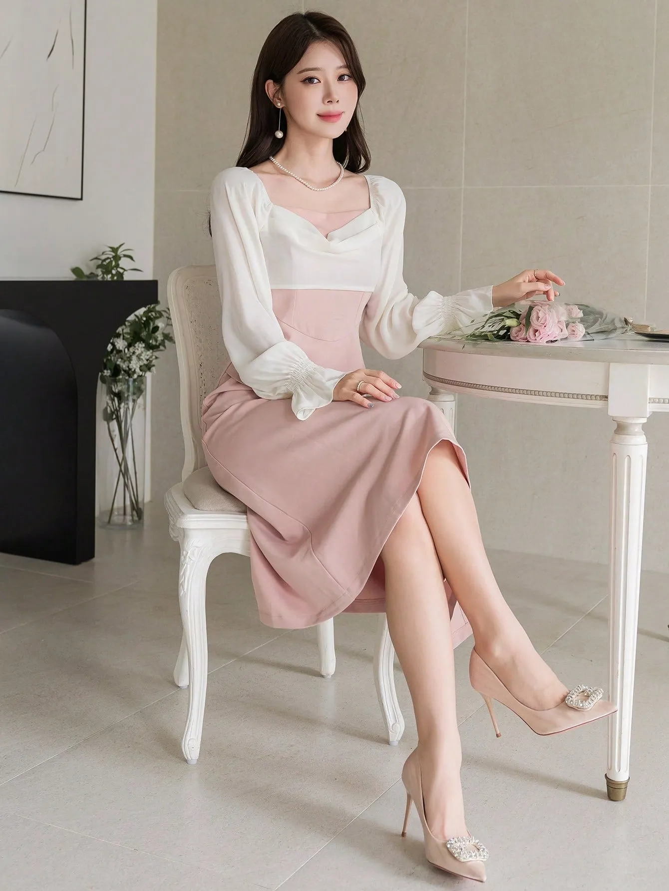 CM-DS122899 Women Elegant Seoul Style Square Neck Patchwork Ruched Asymmetric Midi Dress