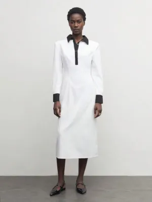 CM-DS306331 Women Casual Seoul Style Contrast Color Collar Neckline Long Sleeve Midi Dress - White
